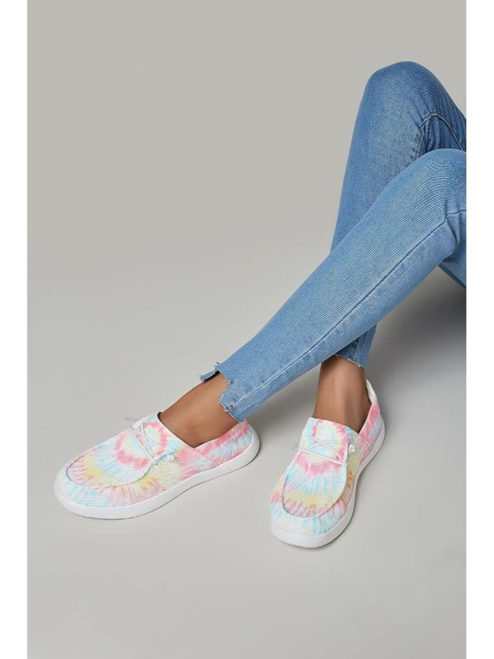 Women's Pink Tie Dye Knit Comfortable Slip On Lace Up Loafers Fashion Sneakers - Picture 2 of 7